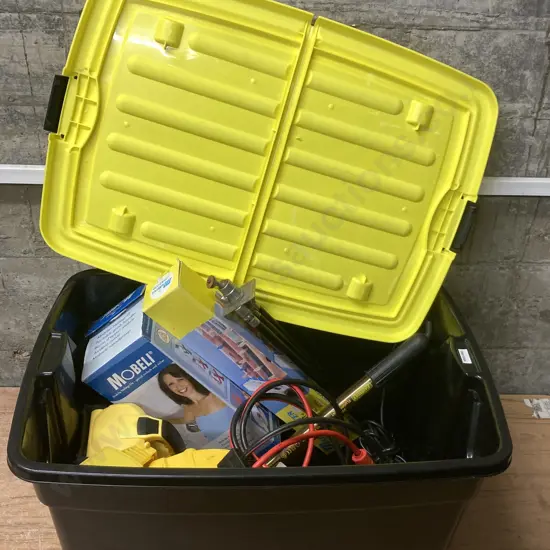 Black Bin With Lid, GearUp Jumper Leads, Portable Grab Handle, Torches Etc
